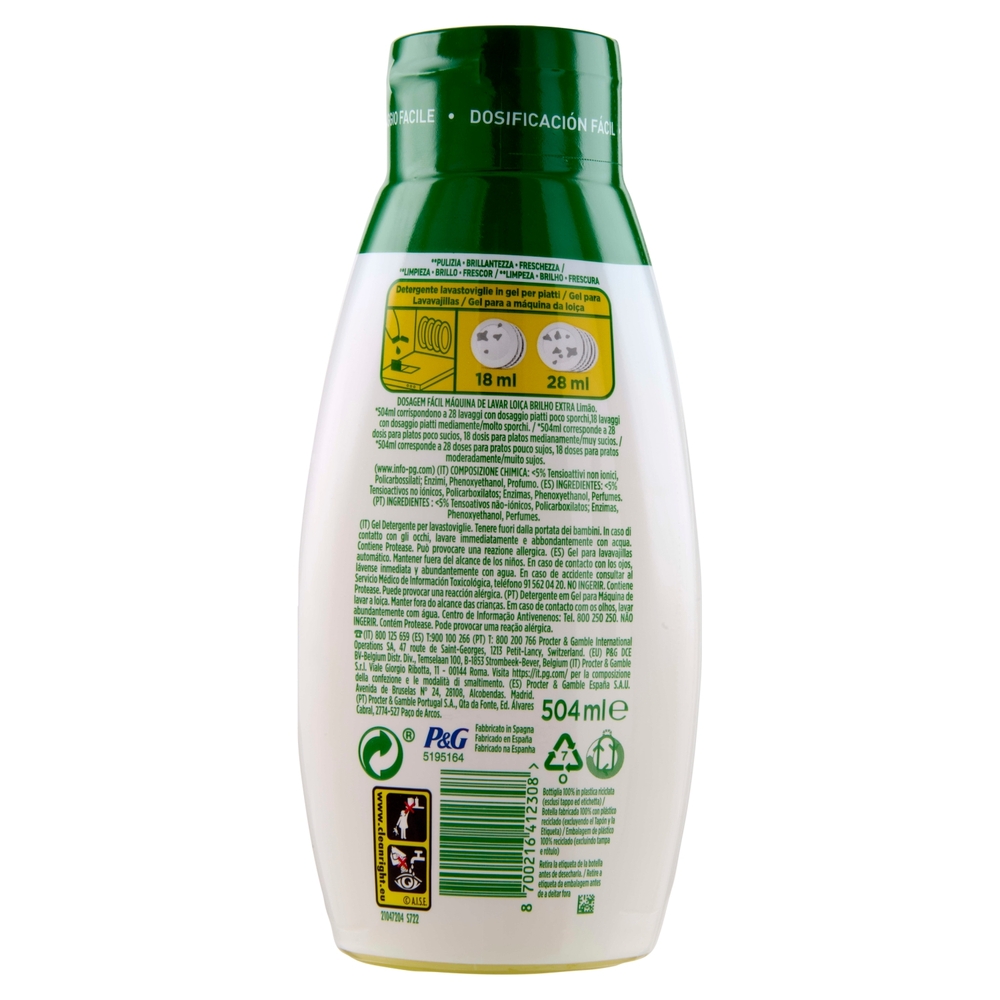 Fairy Gel Lavastoviglie Platinum Extra Brillantezza, Detersivo Piatti Limone 28 Lavaggi 504ml